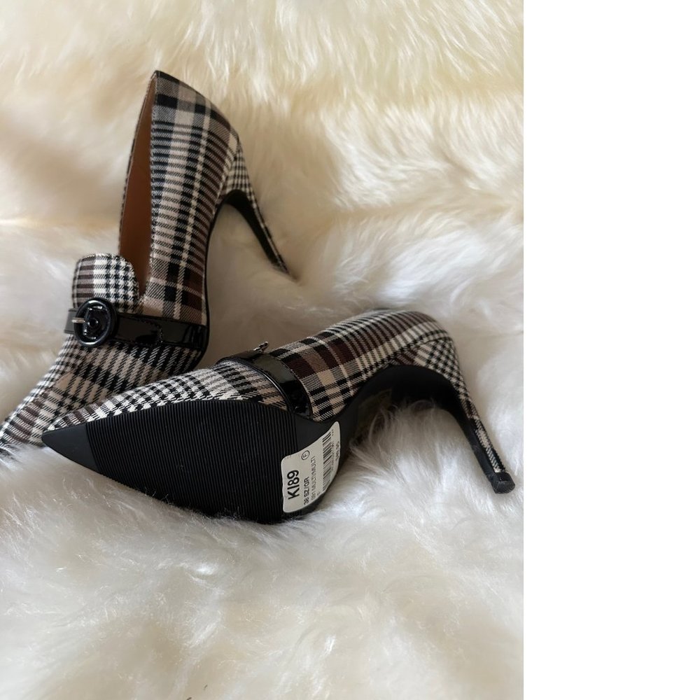 NEW Le Chateau Tartan shoes Wedding Plaid Black White Heel Stilettos Herringbone
